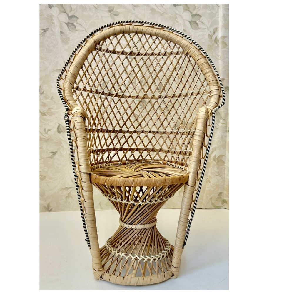 Vintage Wicker Rattan Doll Chair 16” Boho Decor Peacock Plant Stand Fan Back